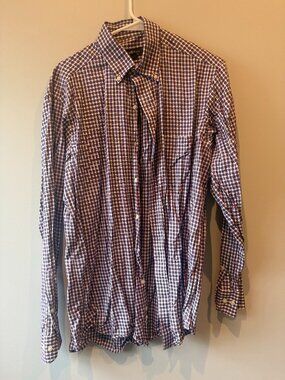 Club Room Regular Fit 15 1/2 34/35 Purple and White Checked Long Sleeves